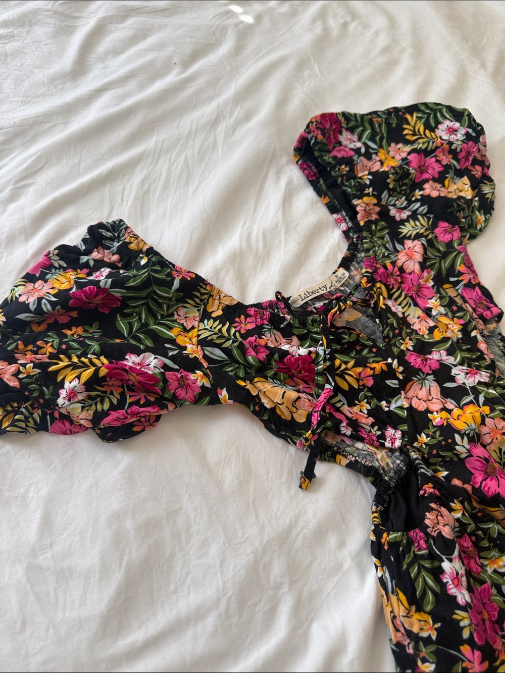Black Floral Puff-Sleeve Dress - Pink & Yellow Floral - Picture 3 of 3